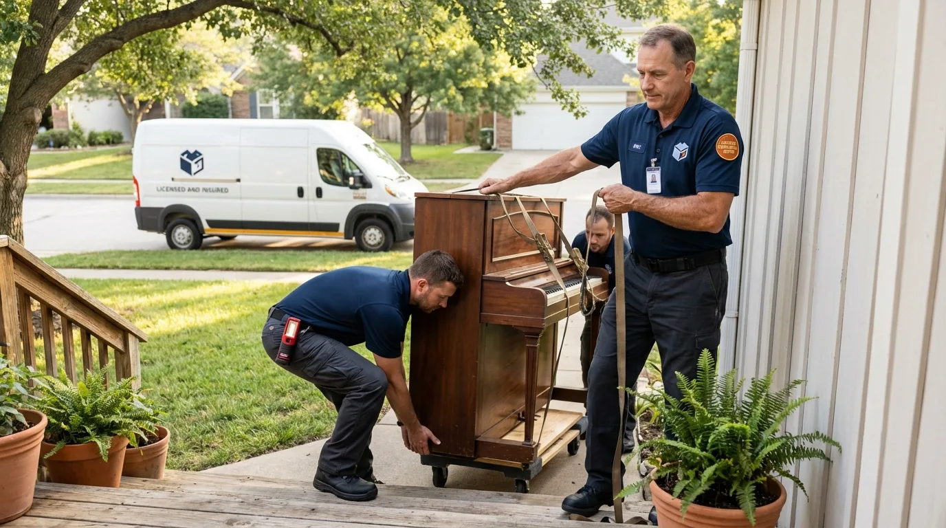 Licensed piano movers securing grand piano in Otisville, NY