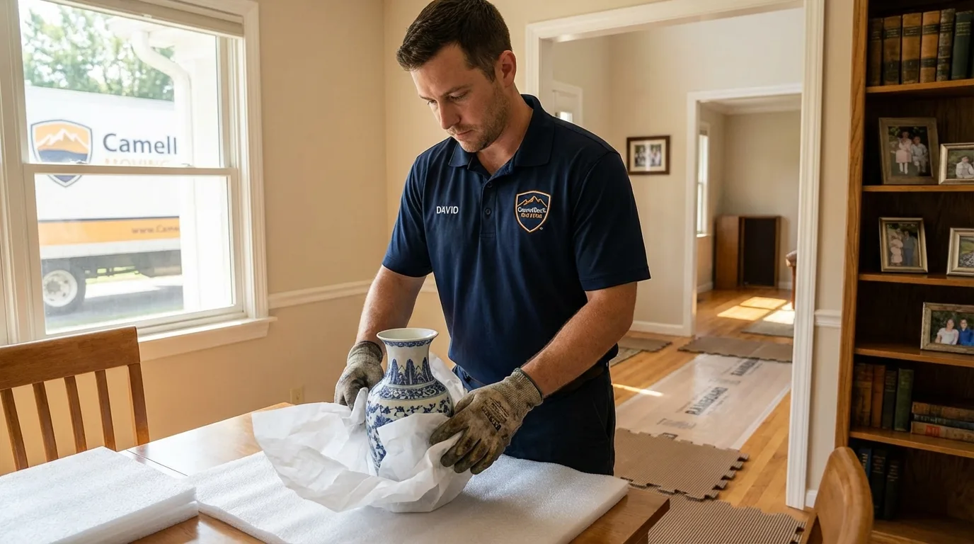 Professional crew carefully wrapping antique vase for senior downsizing move in Otisville, NY